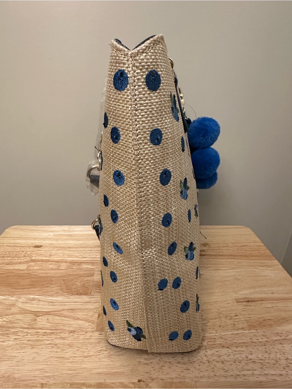 Betsey Johnson Tan Tote with Blue Floral Dots Design & Blue Pom Charm & Scarf - Picture 9 of 16